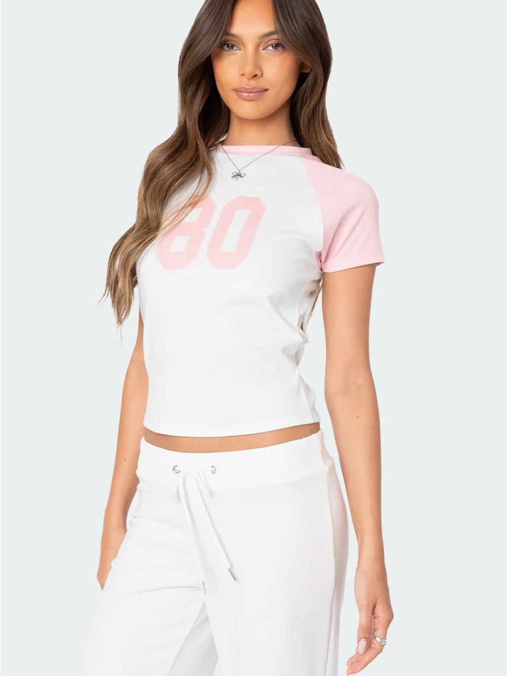 Edikted White & Light Pink Graphic '80 Baby Tee